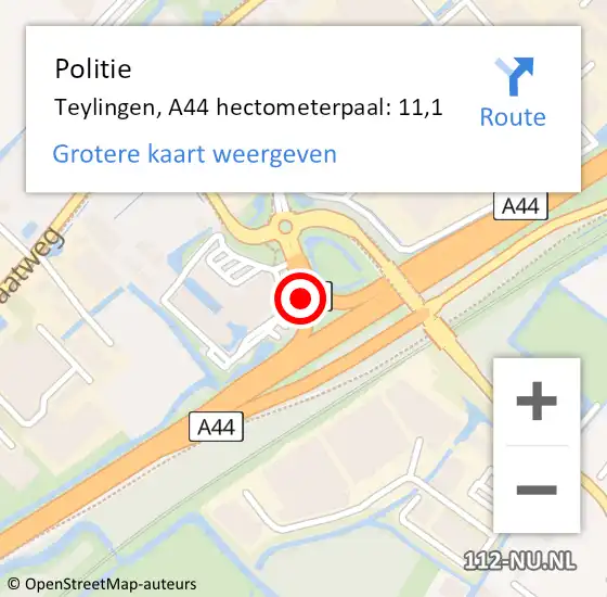 Locatie op kaart van de 112 melding: Politie Teylingen, A44 hectometerpaal: 11,1 op 11 september 2024 21:04