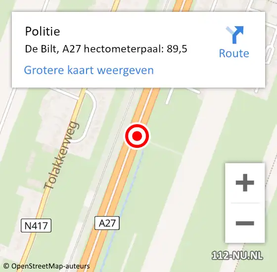 Locatie op kaart van de 112 melding: Politie De Bilt, A27 hectometerpaal: 89,5 op 11 september 2024 22:23