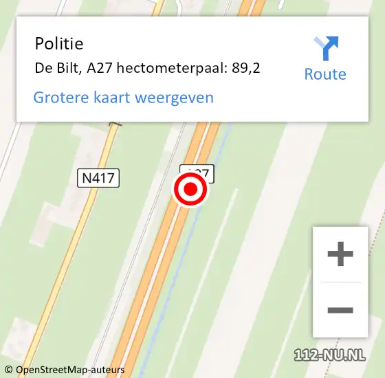 Locatie op kaart van de 112 melding: Politie De Bilt, A27 hectometerpaal: 89,2 op 11 september 2024 22:23