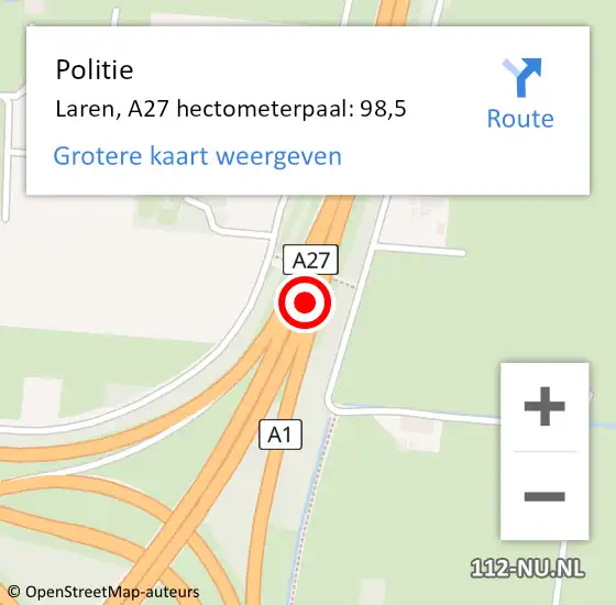 Locatie op kaart van de 112 melding: Politie Laren, A27 hectometerpaal: 98,5 op 11 september 2024 22:23