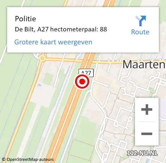 Locatie op kaart van de 112 melding: Politie De Bilt, A27 hectometerpaal: 88 op 11 september 2024 22:35