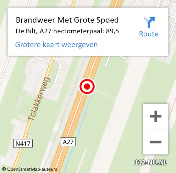 Locatie op kaart van de 112 melding: Brandweer Met Grote Spoed Naar De Bilt, A27 hectometerpaal: 89,5 op 11 september 2024 22:37