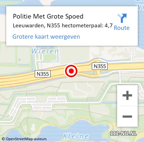 Locatie op kaart van de 112 melding: Politie Met Grote Spoed Naar Leeuwarden, N355 hectometerpaal: 4,7 op 11 september 2024 23:53