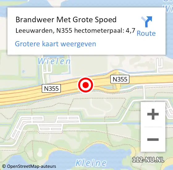 Locatie op kaart van de 112 melding: Brandweer Met Grote Spoed Naar Leeuwarden, N355 hectometerpaal: 4,7 op 12 september 2024 00:04