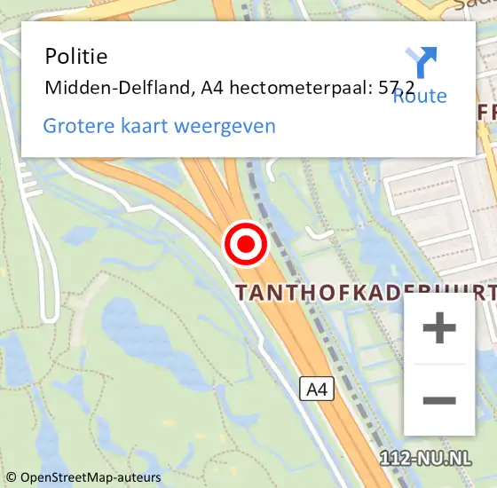 Locatie op kaart van de 112 melding: Politie Midden-Delfland, A4 hectometerpaal: 57,2 op 12 september 2024 00:08