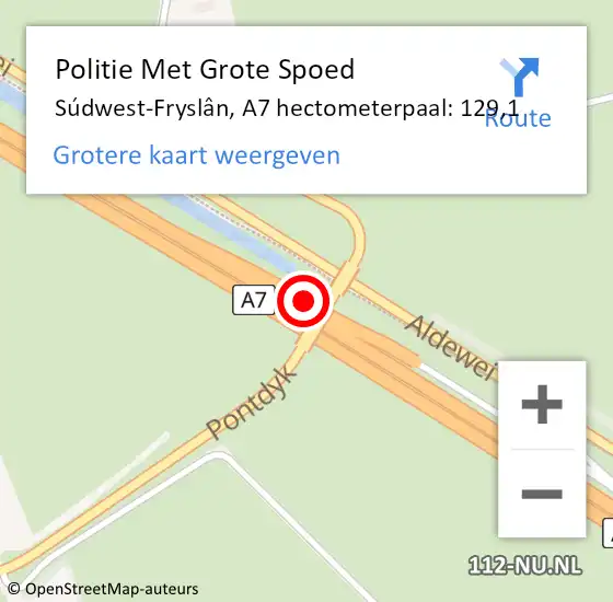 Locatie op kaart van de 112 melding: Politie Met Grote Spoed Naar Súdwest-Fryslân, A7 hectometerpaal: 129,1 op 12 september 2024 06:26