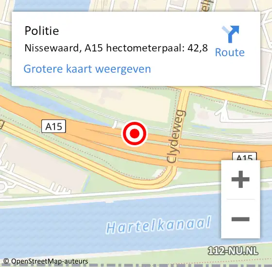 Locatie op kaart van de 112 melding: Politie Nissewaard, A15 hectometerpaal: 42,8 op 12 september 2024 06:55