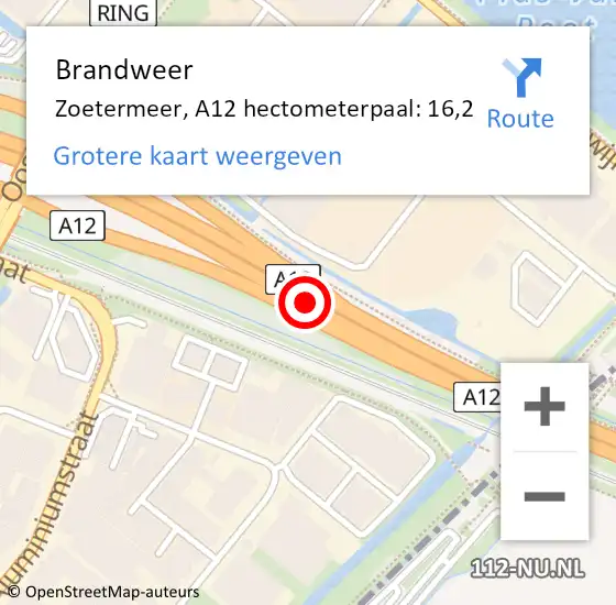 Locatie op kaart van de 112 melding: Brandweer Zoetermeer, A12 hectometerpaal: 16,2 op 12 september 2024 07:03