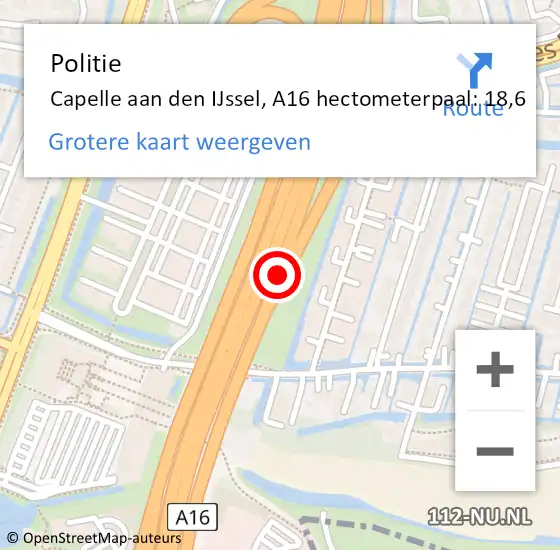 Locatie op kaart van de 112 melding: Politie Capelle aan den IJssel, A16 hectometerpaal: 18,6 op 12 september 2024 07:08