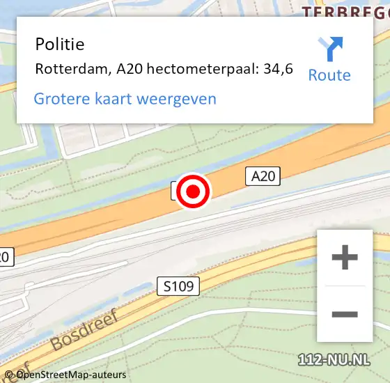 Locatie op kaart van de 112 melding: Politie Rotterdam, A20 hectometerpaal: 34,6 op 12 september 2024 07:55