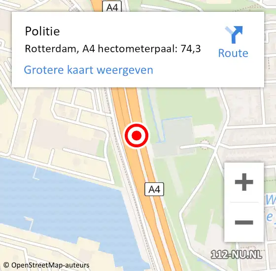 Locatie op kaart van de 112 melding: Politie Rotterdam, A4 hectometerpaal: 74,3 op 12 september 2024 08:00