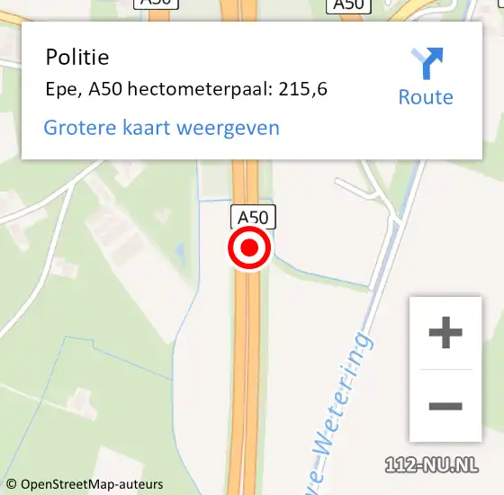 Locatie op kaart van de 112 melding: Politie Epe, A50 hectometerpaal: 215,6 op 12 september 2024 08:21