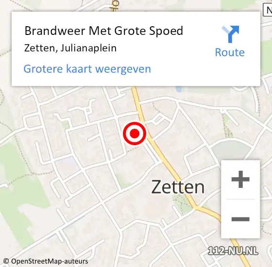 Locatie op kaart van de 112 melding: Brandweer Met Grote Spoed Naar Zetten, Julianaplein op 12 september 2024 11:23