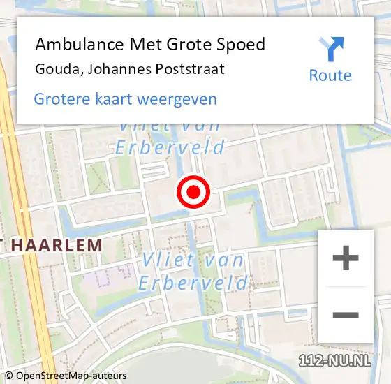 Locatie op kaart van de 112 melding: Ambulance Met Grote Spoed Naar Gouda, Johannes Poststraat op 12 september 2024 12:20