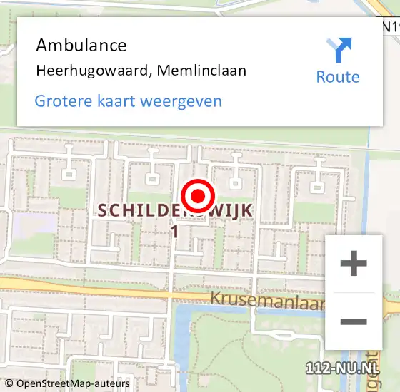 Locatie op kaart van de 112 melding: Ambulance Heerhugowaard, Memlinclaan op 12 september 2024 13:15