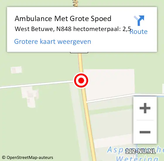 Locatie op kaart van de 112 melding: Ambulance Met Grote Spoed Naar West Betuwe, N848 hectometerpaal: 2,5 op 12 september 2024 13:26