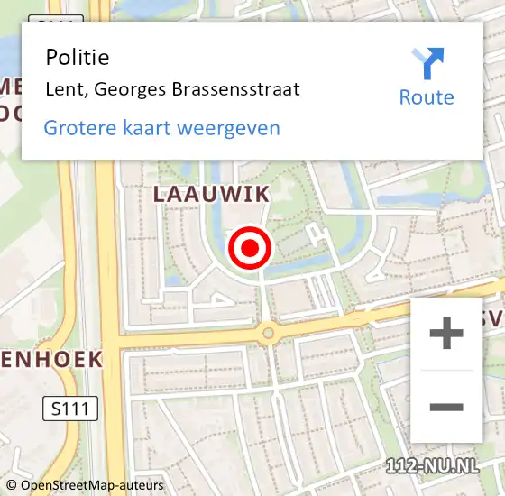 Locatie op kaart van de 112 melding: Politie Lent, Georges Brassensstraat op 12 september 2024 14:23