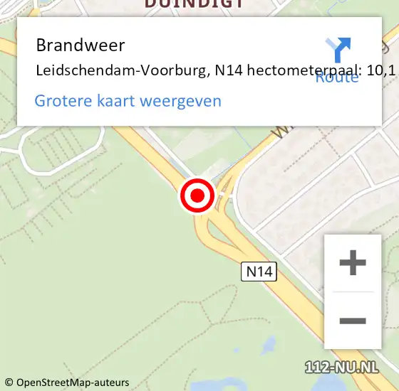 Locatie op kaart van de 112 melding: Brandweer Leidschendam-Voorburg, N14 hectometerpaal: 10,1 op 12 september 2024 14:57