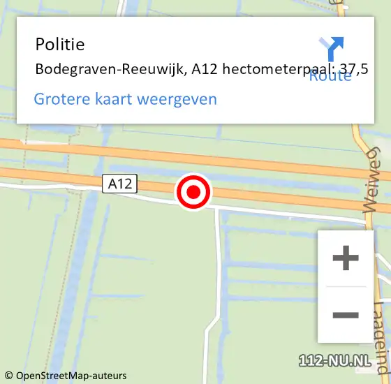 Locatie op kaart van de 112 melding: Politie Bodegraven-Reeuwijk, A12 hectometerpaal: 37,5 op 12 september 2024 15:26