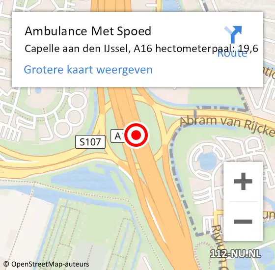 Locatie op kaart van de 112 melding: Ambulance Met Spoed Naar Capelle aan den IJssel, A16 hectometerpaal: 19,6 op 12 september 2024 15:29