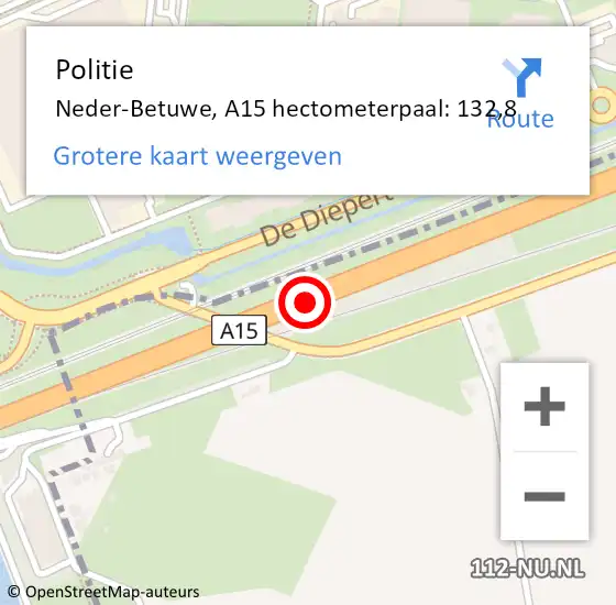 Locatie op kaart van de 112 melding: Politie Neder-Betuwe, A15 hectometerpaal: 132,8 op 12 september 2024 15:41