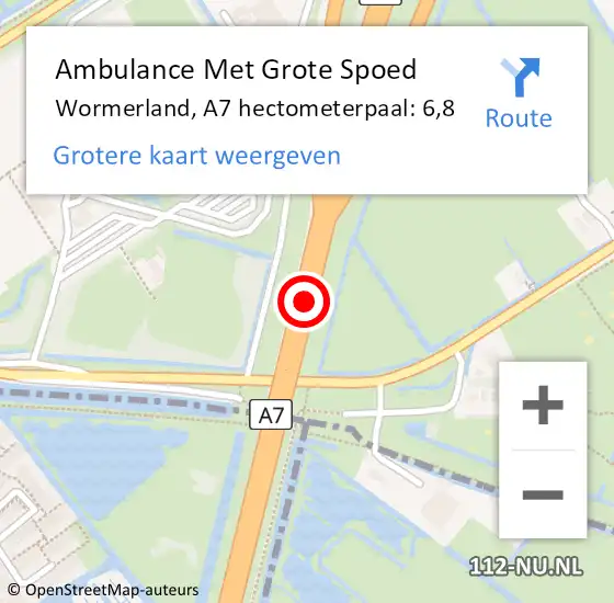 Locatie op kaart van de 112 melding: Ambulance Met Grote Spoed Naar Wormerland, A7 hectometerpaal: 6,8 op 12 september 2024 16:20