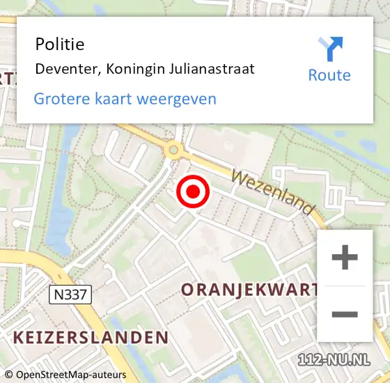 Locatie op kaart van de 112 melding: Politie Deventer, Koningin Julianastraat op 12 september 2024 16:33