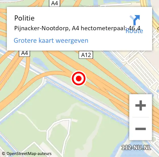 Locatie op kaart van de 112 melding: Politie Pijnacker-Nootdorp, A4 hectometerpaal: 46,4 op 12 september 2024 16:39