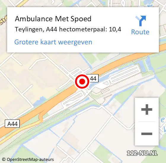 Locatie op kaart van de 112 melding: Ambulance Met Spoed Naar Teylingen, A44 hectometerpaal: 10,4 op 12 september 2024 16:42