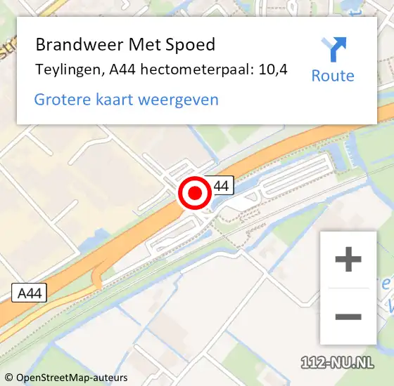 Locatie op kaart van de 112 melding: Brandweer Met Spoed Naar Teylingen, A44 hectometerpaal: 10,4 op 12 september 2024 16:42