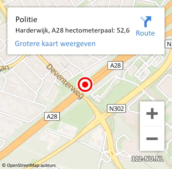 Locatie op kaart van de 112 melding: Politie Harderwijk, A28 hectometerpaal: 52,6 op 12 september 2024 16:54