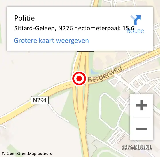 Locatie op kaart van de 112 melding: Politie Sittard-Geleen, N276 hectometerpaal: 15,6 op 12 september 2024 16:56