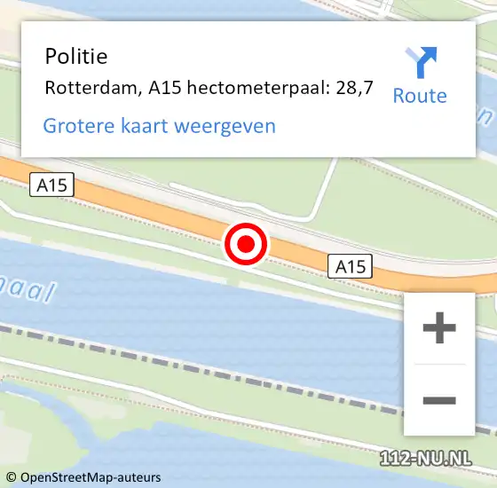 Locatie op kaart van de 112 melding: Politie Rotterdam, A15 hectometerpaal: 28,7 op 12 september 2024 16:57