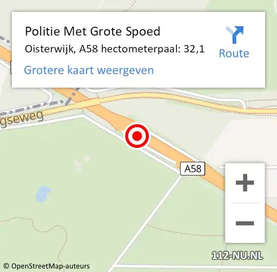 Locatie op kaart van de 112 melding: Politie Met Grote Spoed Naar Oisterwijk, A58 hectometerpaal: 32,1 op 12 september 2024 17:03