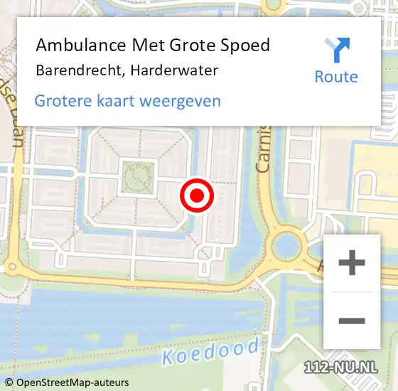 Locatie op kaart van de 112 melding: Ambulance Met Grote Spoed Naar Barendrecht, Harderwater op 12 september 2024 17:22