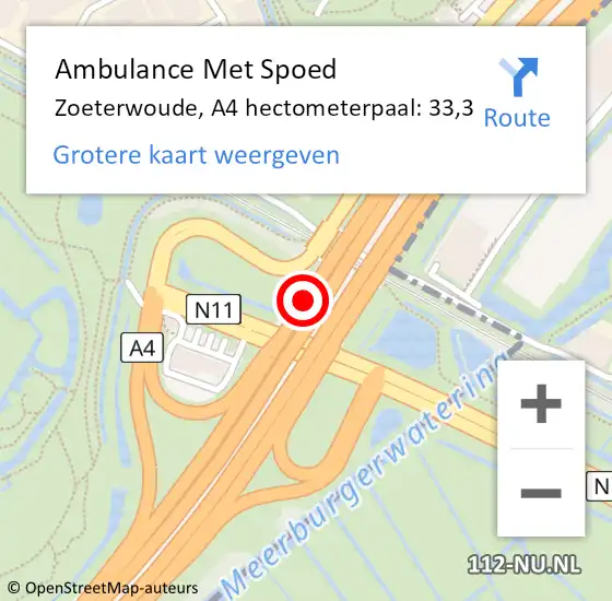 Locatie op kaart van de 112 melding: Ambulance Met Spoed Naar Zoeterwoude, A4 hectometerpaal: 33,3 op 12 september 2024 17:25