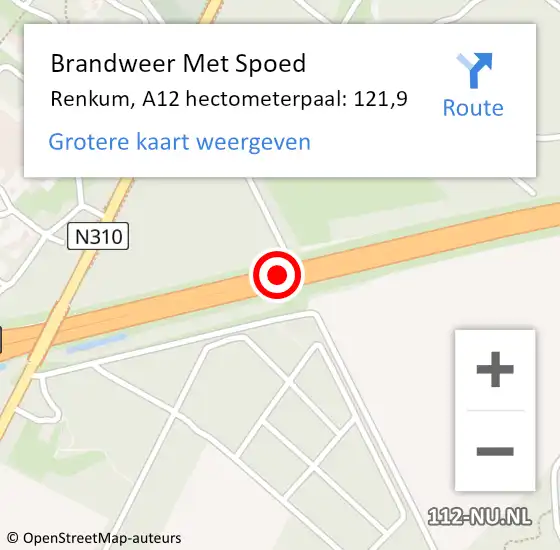 Locatie op kaart van de 112 melding: Brandweer Met Spoed Naar Renkum, A12 hectometerpaal: 121,9 op 12 september 2024 17:47