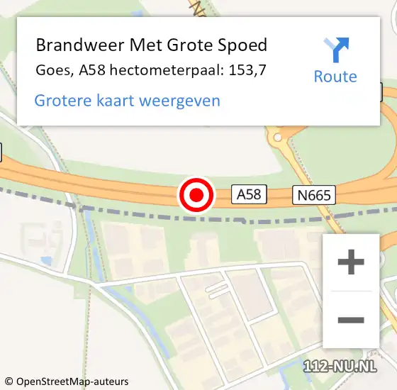 Locatie op kaart van de 112 melding: Brandweer Met Grote Spoed Naar Goes, A58 hectometerpaal: 153,7 op 12 september 2024 18:03