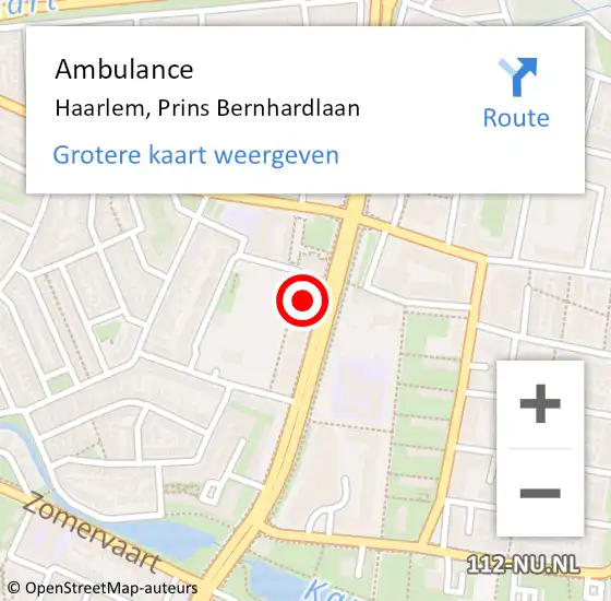 Locatie op kaart van de 112 melding: Ambulance Haarlem, Prins Bernhardlaan op 12 september 2024 18:39