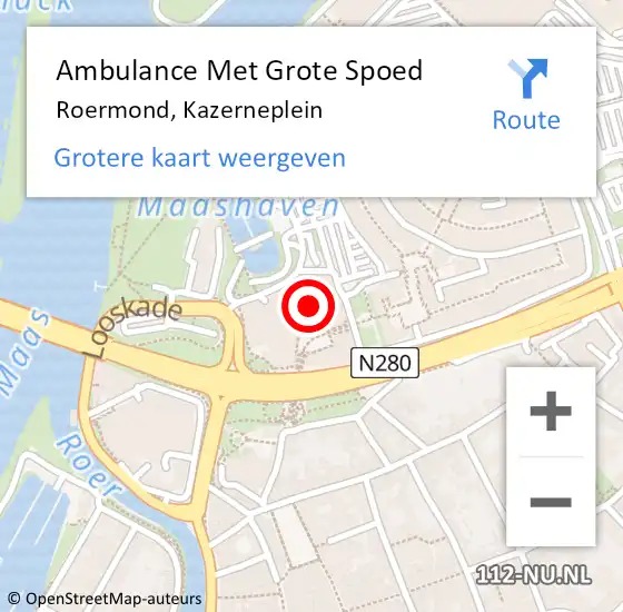 Locatie op kaart van de 112 melding: Ambulance Met Grote Spoed Naar Roermond, Kazerneplein op 12 september 2024 19:39