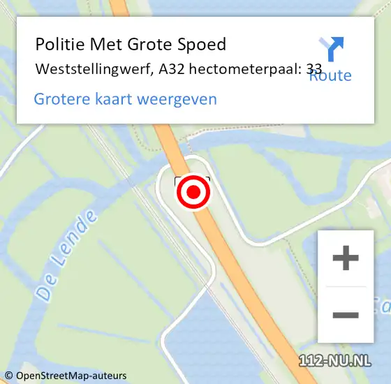 Locatie op kaart van de 112 melding: Politie Met Grote Spoed Naar Weststellingwerf, A32 hectometerpaal: 33 op 12 september 2024 19:47