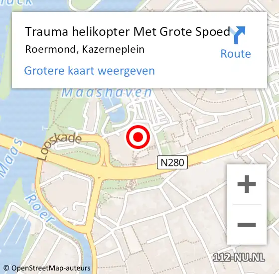 Locatie op kaart van de 112 melding: Trauma helikopter Met Grote Spoed Naar Roermond, Kazerneplein op 12 september 2024 19:49