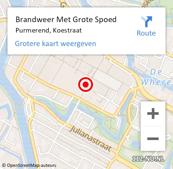 Locatie op kaart van de 112 melding: Brandweer Met Grote Spoed Naar Purmerend, Koestraat op 12 september 2024 20:17