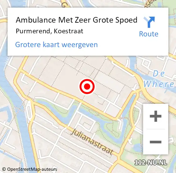 Locatie op kaart van de 112 melding: Ambulance Met Zeer Grote Spoed Naar Purmerend, Koestraat op 12 september 2024 20:18