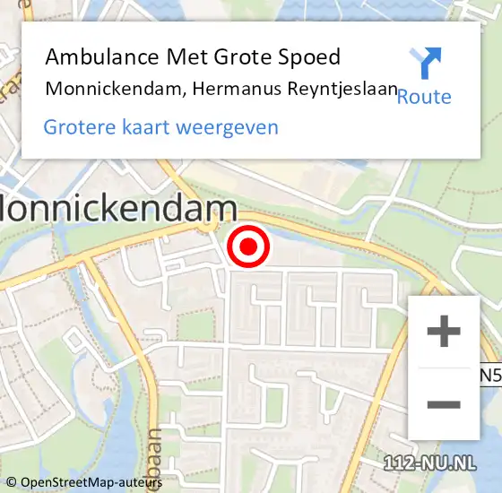 Locatie op kaart van de 112 melding: Ambulance Met Grote Spoed Naar Monnickendam, Hermanus Reyntjeslaan op 12 september 2024 23:13