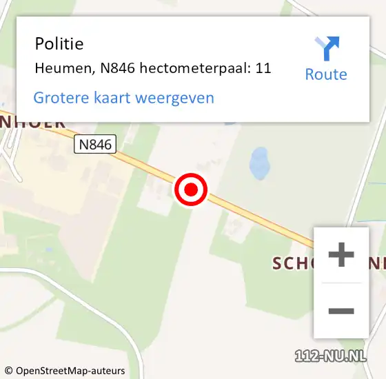 Locatie op kaart van de 112 melding: Politie Heumen, N846 hectometerpaal: 11 op 12 september 2024 23:30