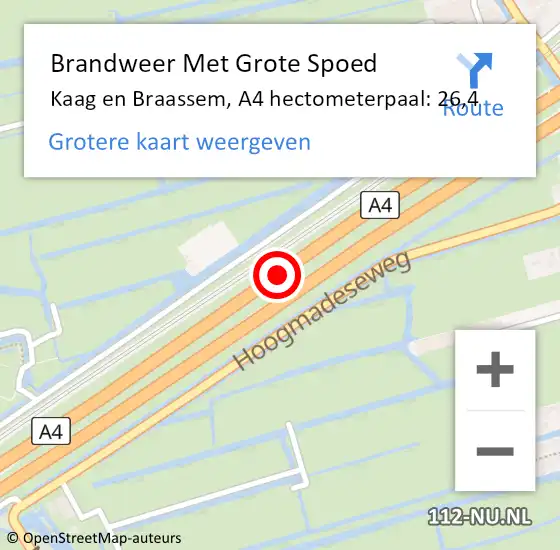 Locatie op kaart van de 112 melding: Brandweer Met Grote Spoed Naar Kaag en Braassem, A4 hectometerpaal: 26,4 op 13 september 2024 00:51