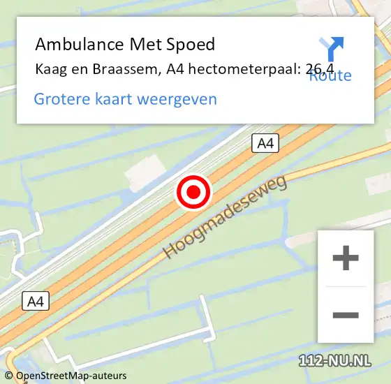 Locatie op kaart van de 112 melding: Ambulance Met Spoed Naar Kaag en Braassem, A4 hectometerpaal: 26,4 op 13 september 2024 01:24