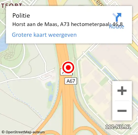 Locatie op kaart van de 112 melding: Politie Horst aan de Maas, A73 hectometerpaal: 46,8 op 13 september 2024 01:33