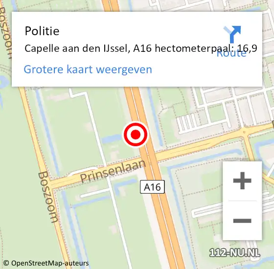 Locatie op kaart van de 112 melding: Politie Capelle aan den IJssel, A16 hectometerpaal: 16,9 op 13 september 2024 10:51